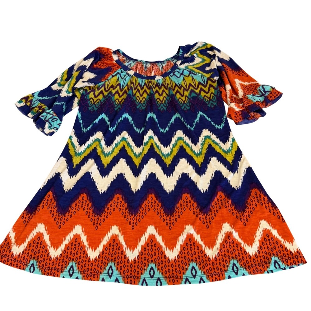 Vee Womens Multicolor Ikat Chevron Print Bell Sleeve Scoop Neck Tunic Top Small